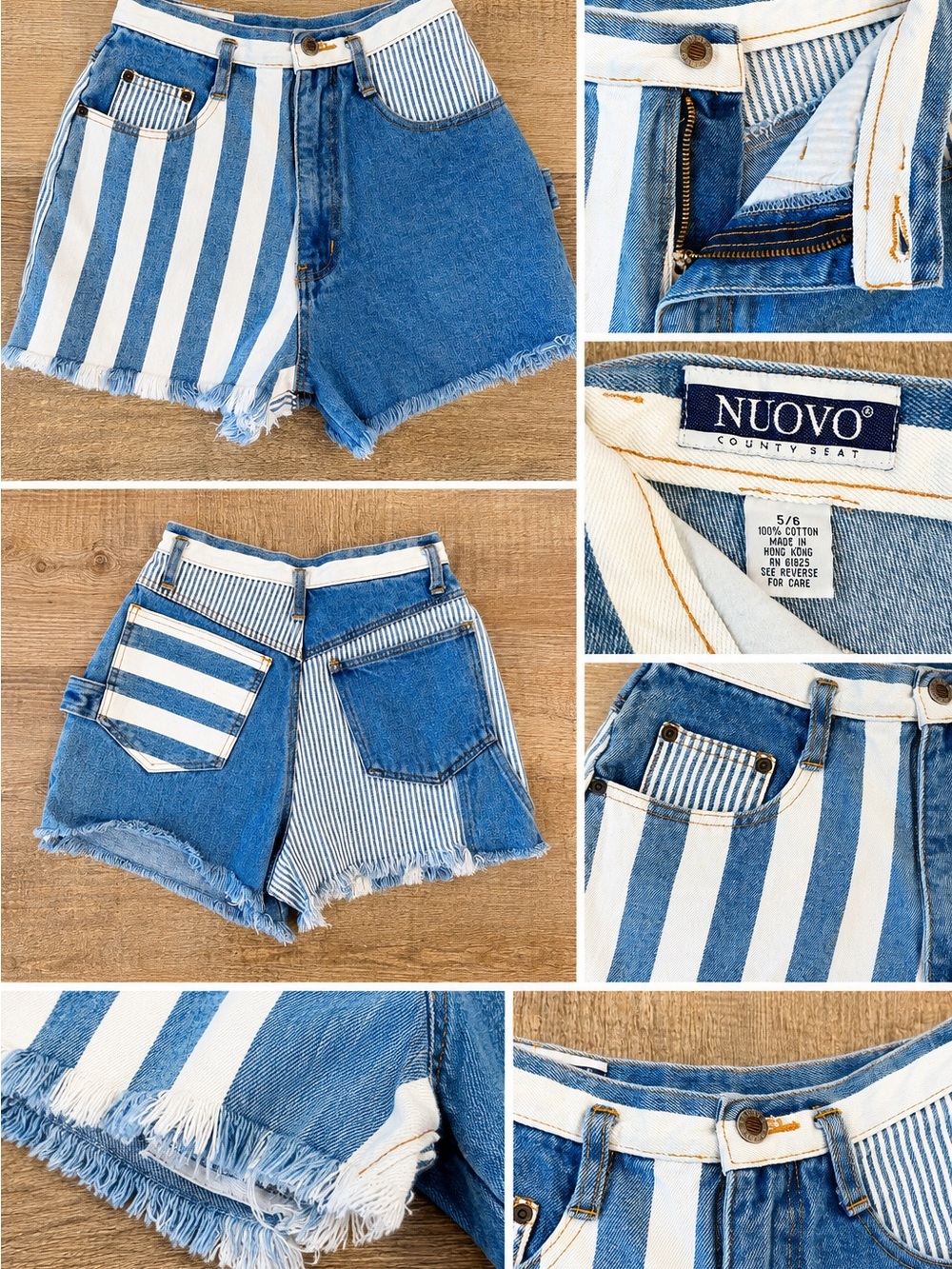 Vintage 90s Nuovo County Seat Patchwork Denim Shorts Size 5/6 Blue Stripe USA